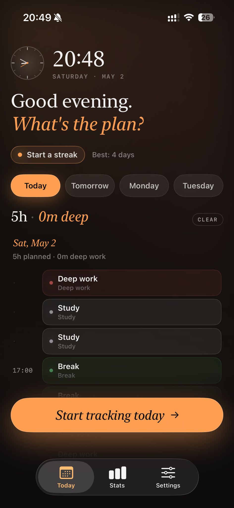 Planning screen